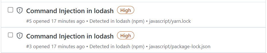 Screenshot of the Dependabot tab showing two alerts from the same package with different manifests.