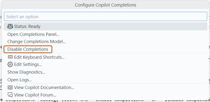 Screenshot of the "Configure Copilot Completions" dialog. Enable Completions and Disable Completions options are highlighted in orange.