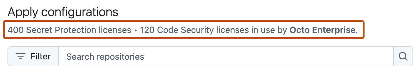 Screenshot of the "Apply configurations" section. The current license use for the enterprise is outlined in dark orange.