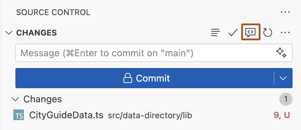 Screenshot of the "Source Control" view. The code review button is outlined in dark orange.