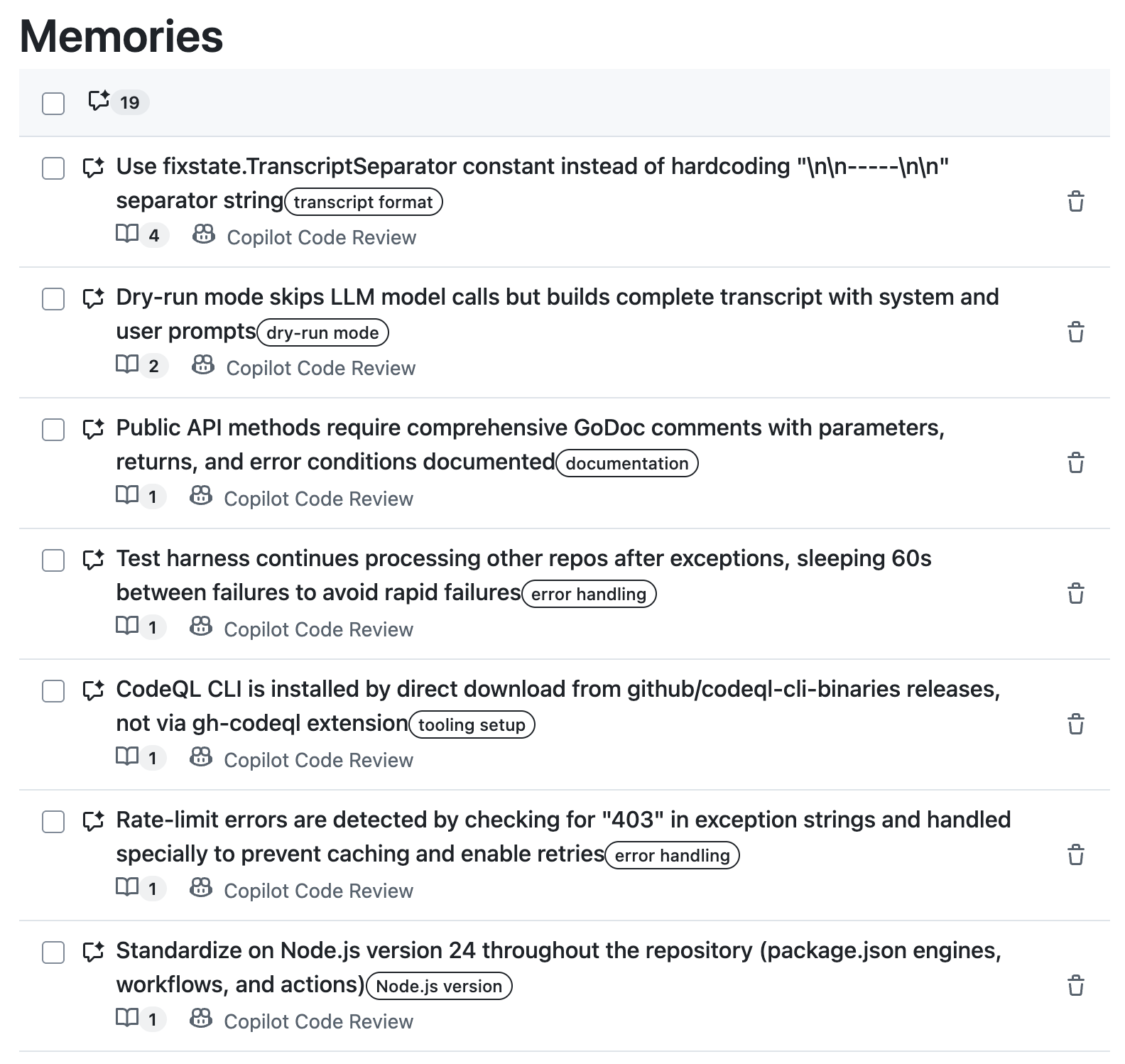 Screenshot of the "Memories" list showing an example set of memories.