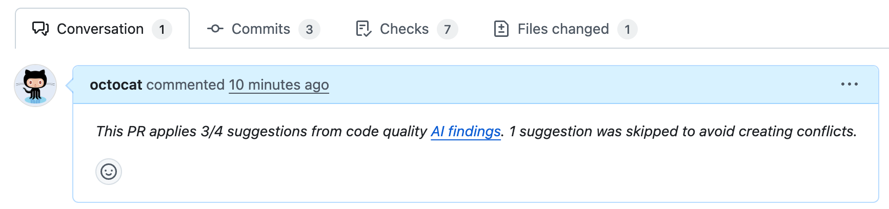 Screenshot of a pull request summary created by GitHub Code Quality.