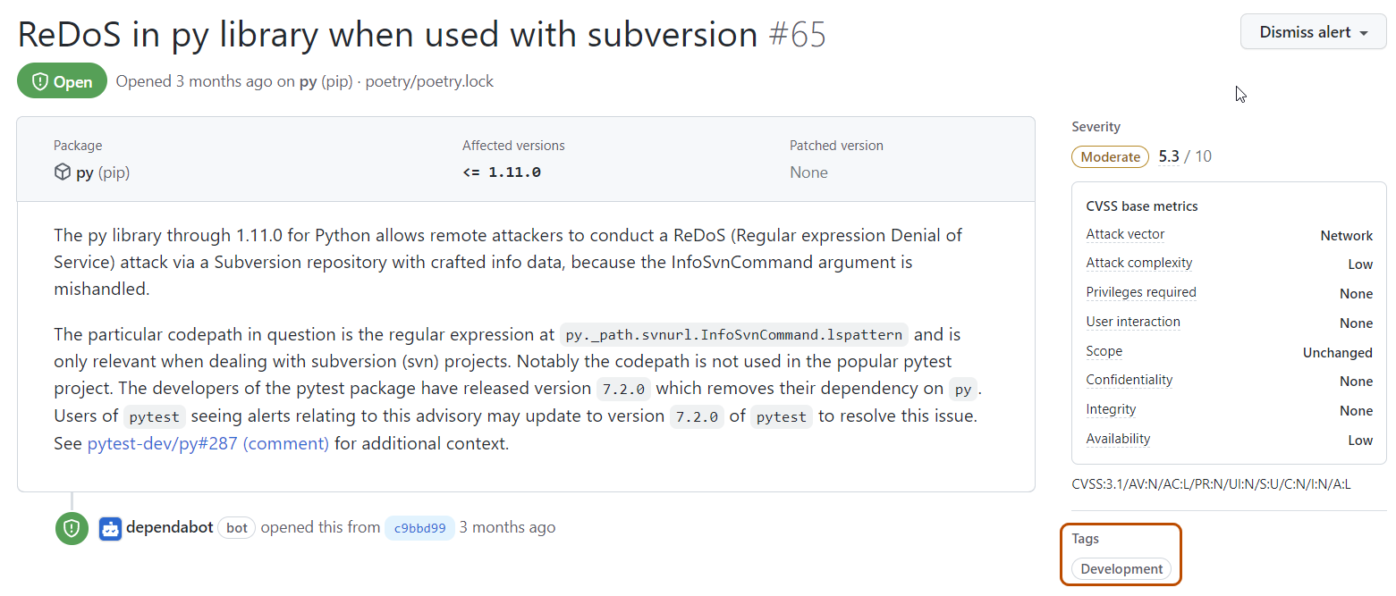 Screenshot showing the "Tags" section in the alert details page.